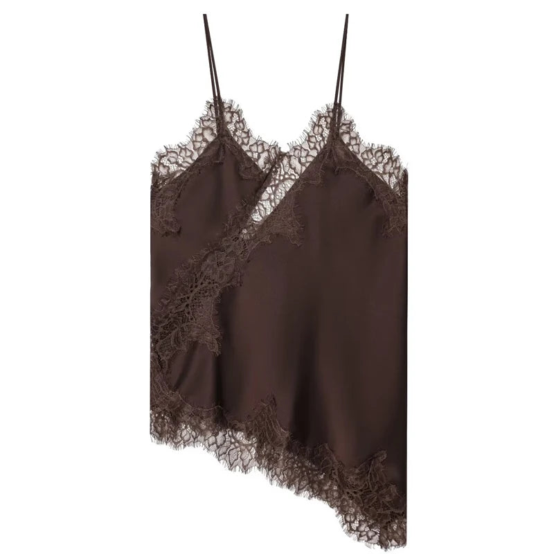 HXAO Asymmetrical Slip Top Women Summer 2025 Y2K Tanks &amp; Camis Lace Black Off Shoulder Top Elegant Sleeveless Backless Camisole