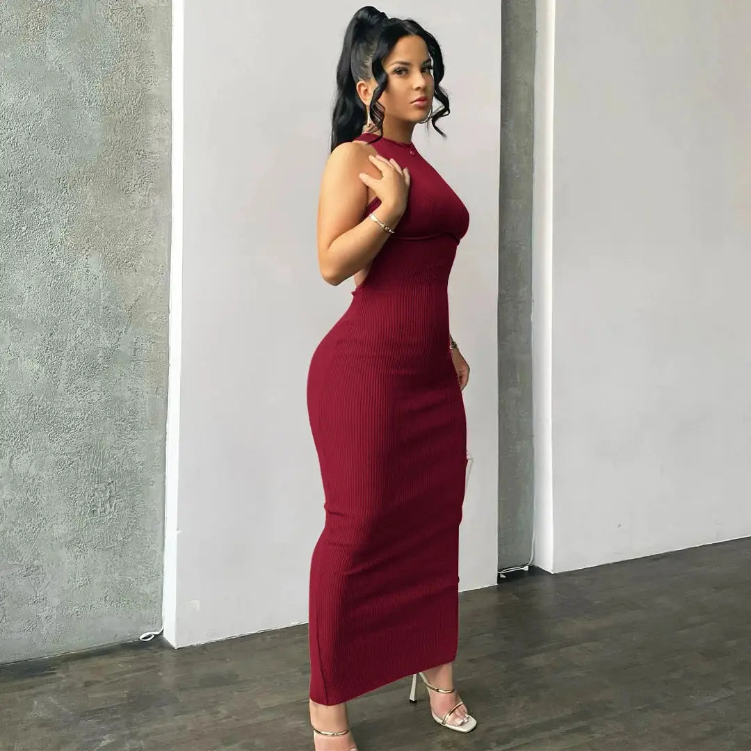 Hugcitar Ribbed Solid Hollow Out Backless Sleeveless Sexy Slit Mini Dress Bodycon 2025 Spring Women Outfits Elegant Party Y2K