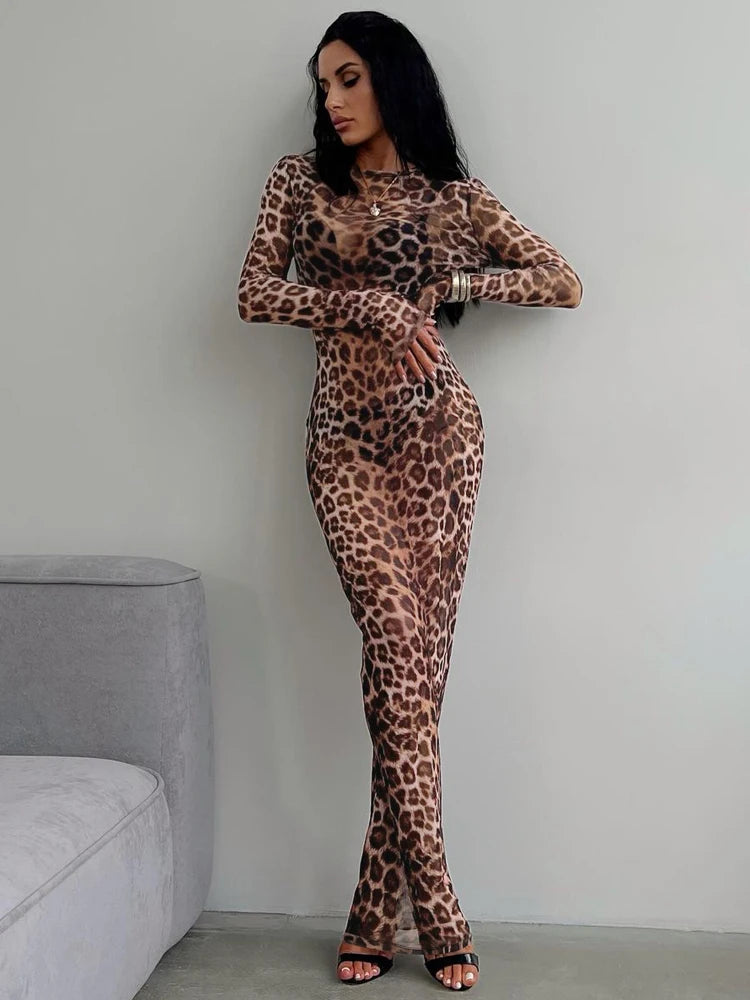 Hugcitar Leopard Mesh Maxi Dress For Beach And Club Nights