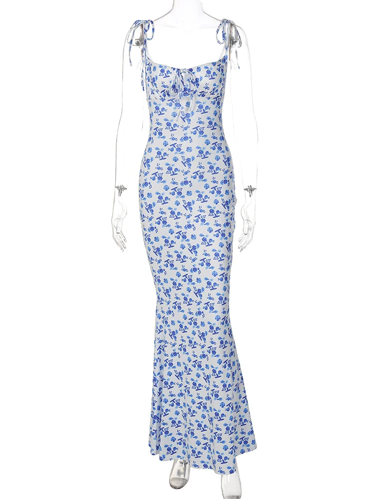 Hugcitar Floral Print Backless Lace Up Maxi Dress