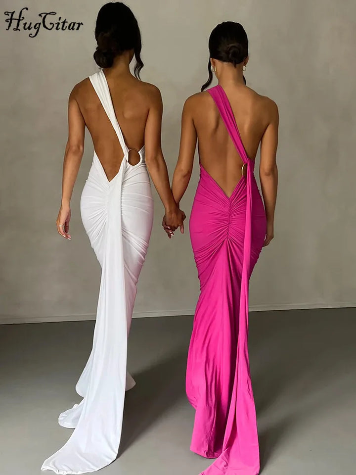 Elegant Y2k One Shoulder Maxi Dress Scarf Backless