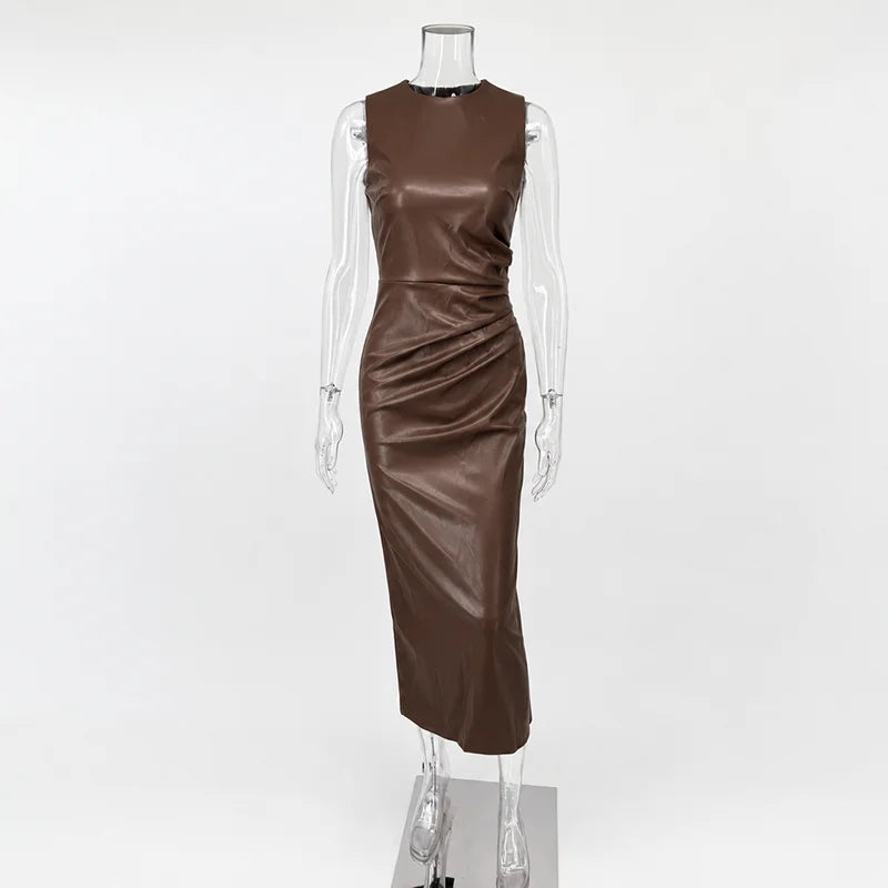 Sleeveless Leather Maxi Dress High Waist Party