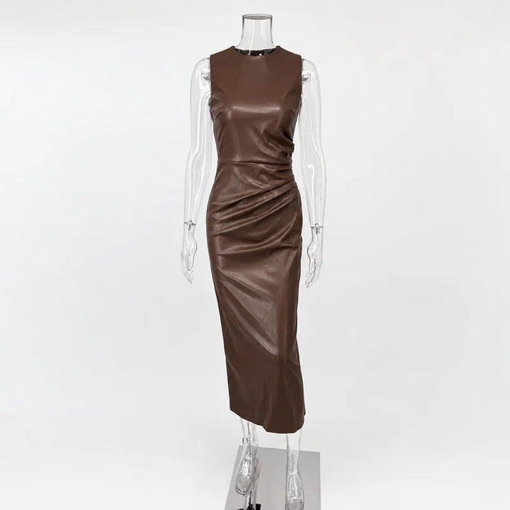 Sleeveless Leather Maxi Dress High Waist Party