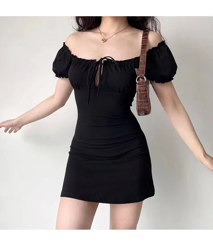 Chic Black Square Collar Mini Dress With Puff