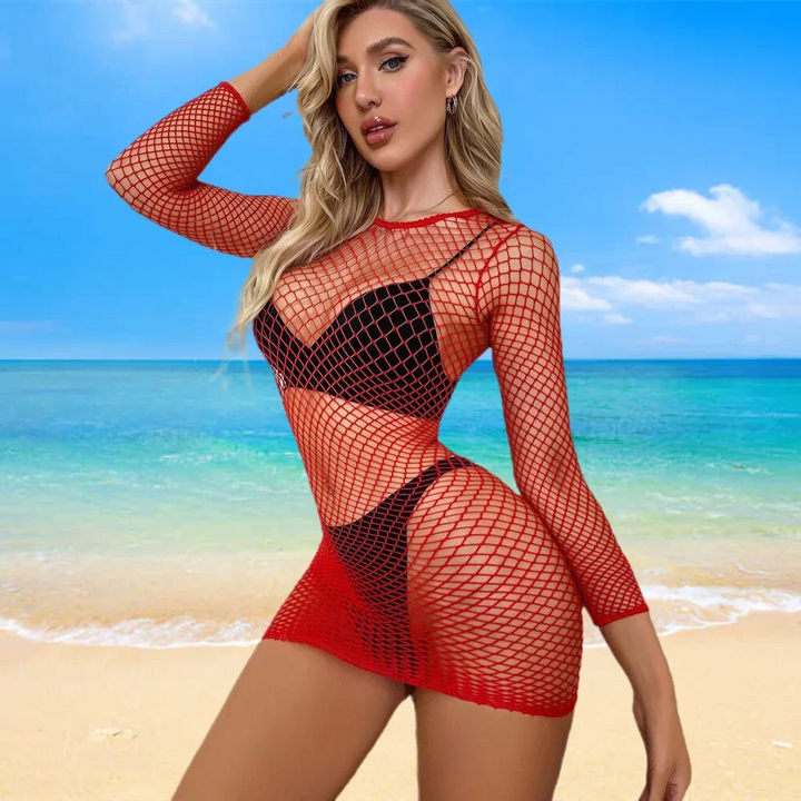 See Through Mesh Long Sleeve Dress Beach Cover Up