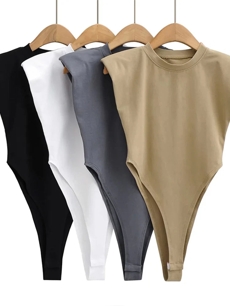 Sexy Women Bodysuit Padded Shoulders Sleeveless
