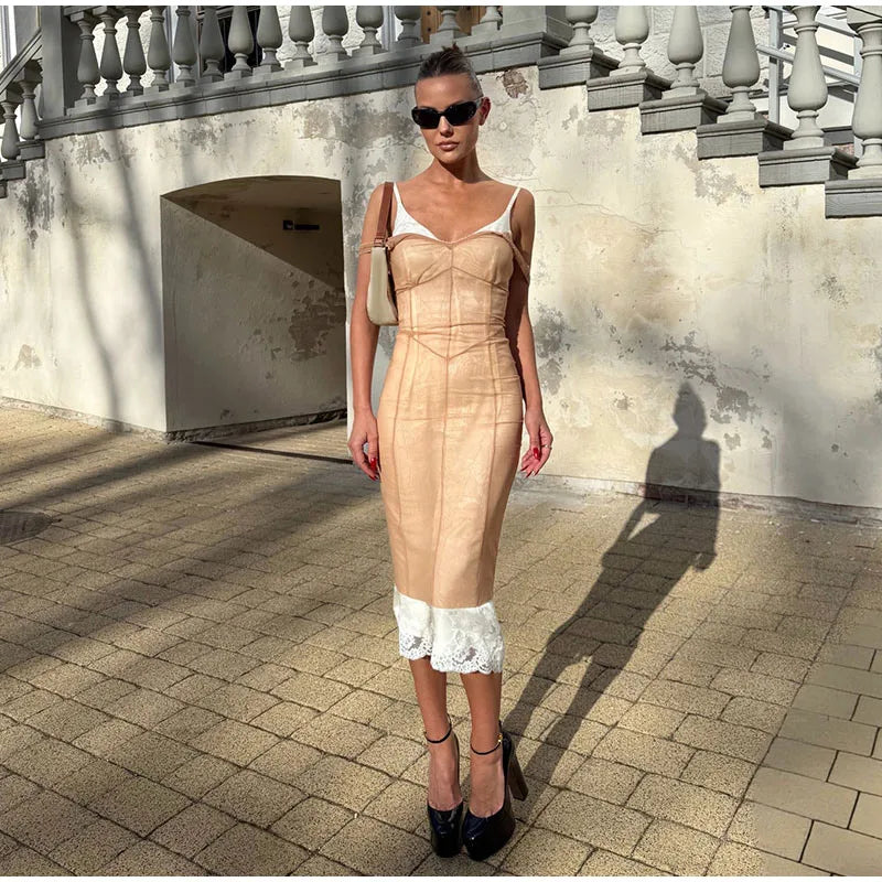 Stunning Lace Mesh Midi Dress V Neck Sleeveless Summer Party Wear