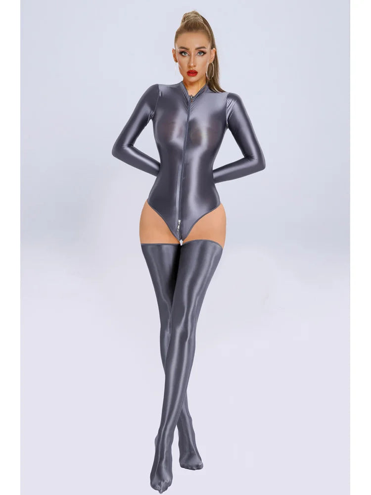 Glossy Long Sleeve Swim Bodysuit Zipper Tights