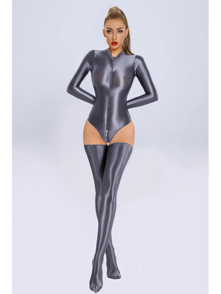 Glossy Long Sleeve Swim Bodysuit Zipper Tights