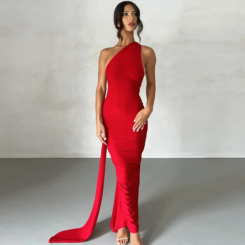Elegant Y2k One Shoulder Maxi Dress Scarf Backless