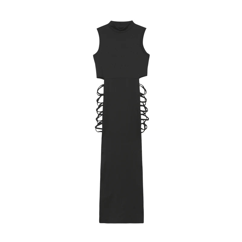 Criss Cross Cut Out Bodycon Dress Mock Neck