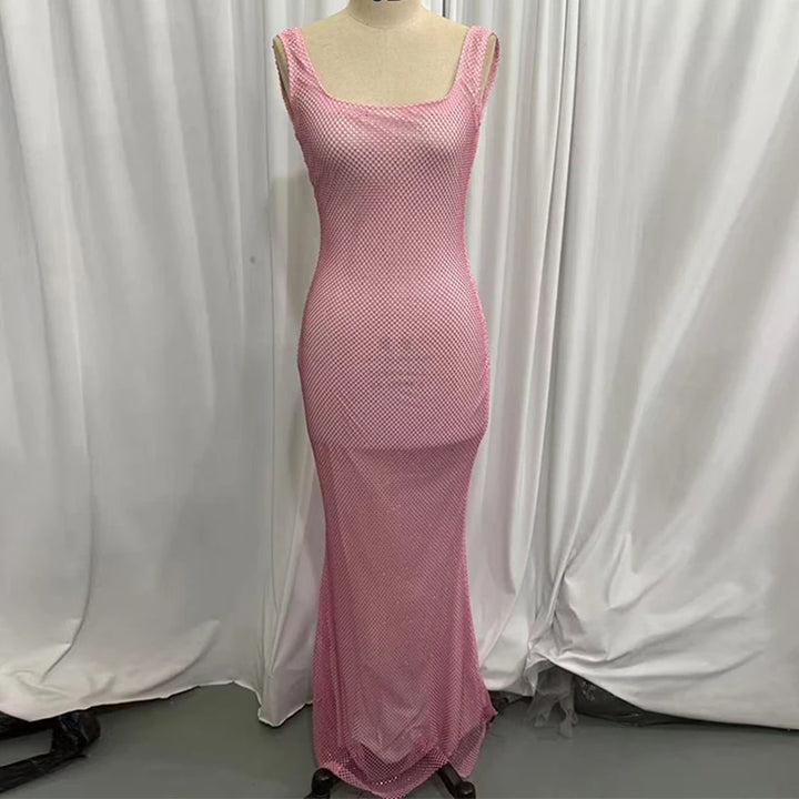 Giyu Sequined Mesh Diamond Backless Maxi Dress