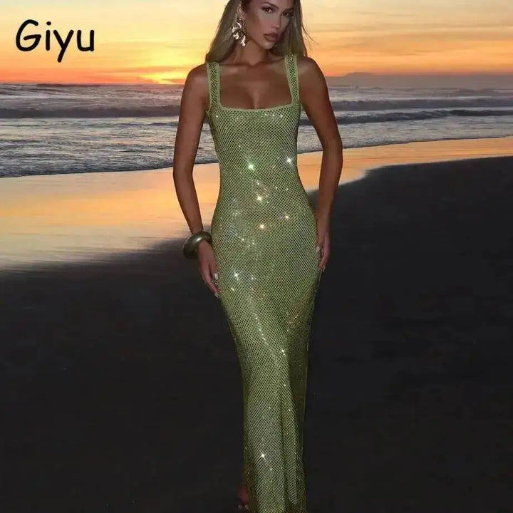 Giyu Sequined Mesh Diamond Backless Maxi Dress