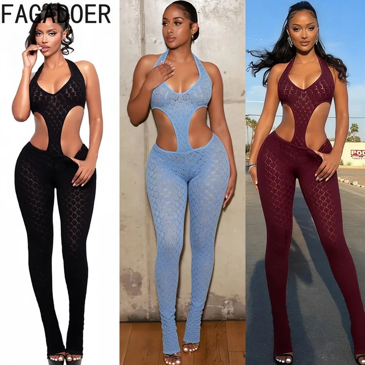 Fagadoer Lace Patchwork Bodycon Backless Jumpsuit