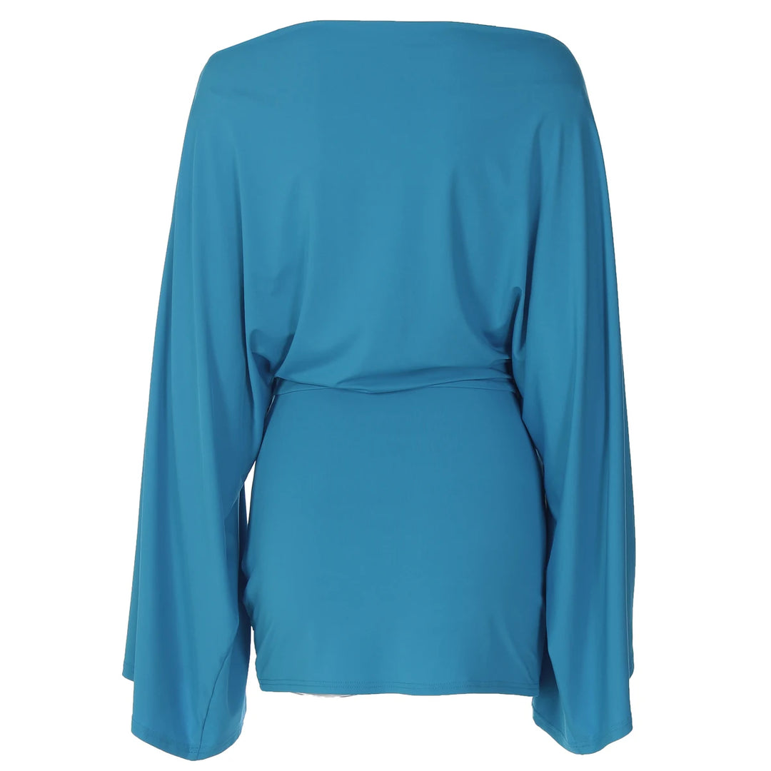 Elegant Ruched Mini Knit Dress With Cloak Sleeves