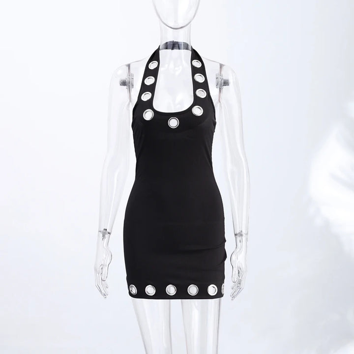 Chin Sweety Metal Ring Halter Mini Dress
