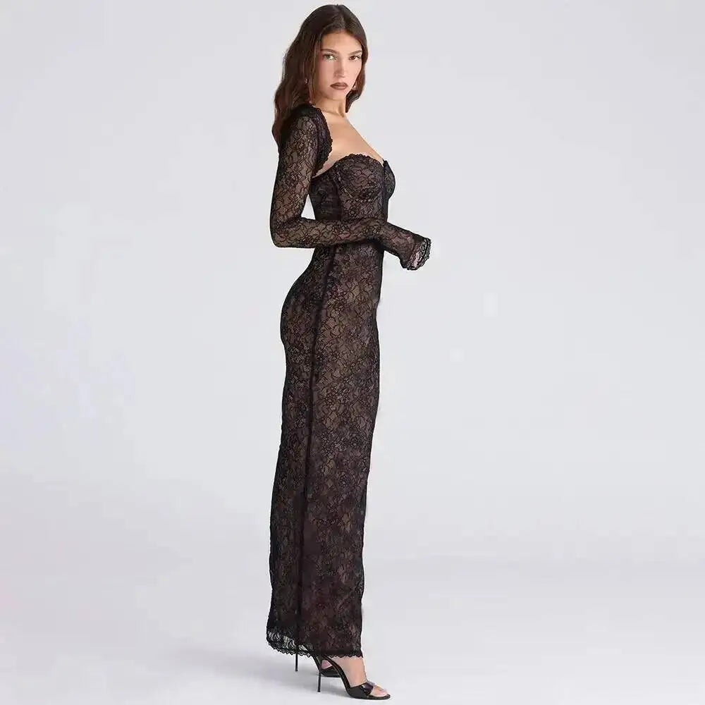 Elegant Strapless Lace Slim Bodycon Maxi Dress For