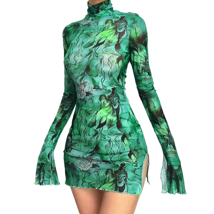 Ladies Mesh Printed Y2k Vintage Dress High Street Slim Elastic Bodycon Party Dress Round Neck Bell Sleeve Side Open Hip Dresses