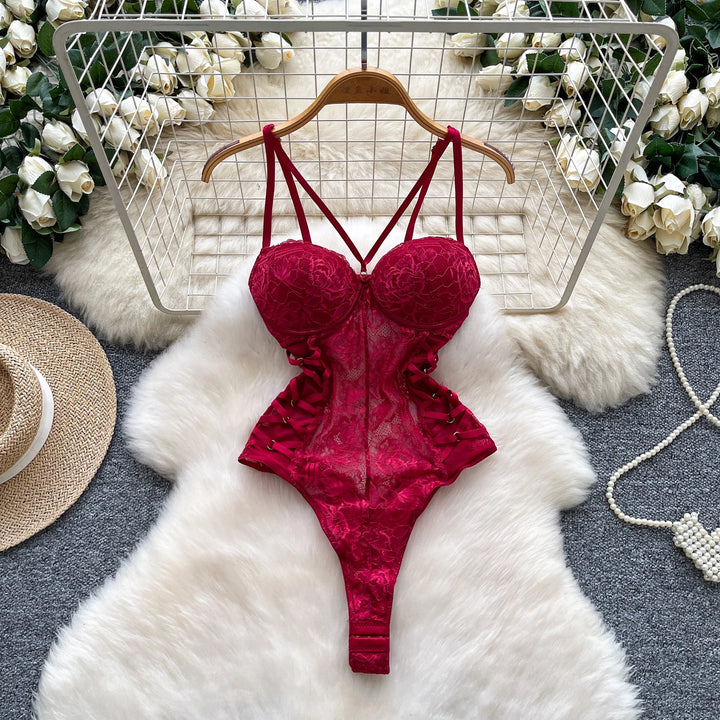 Chic Gothic Lace Halter Bodysuit Slim Fit Elastic Jumpsuit