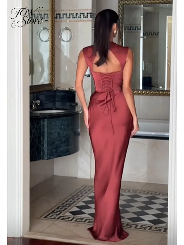 Solid Satin Cowl Neck Dress Women Sleeveless Elegant Ruched Waist Fishtail Bodycon Summer Party Elegance