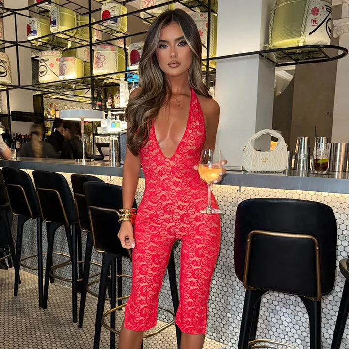 Avrilyaan Lace Deep V Playsuit For Women Bodycon