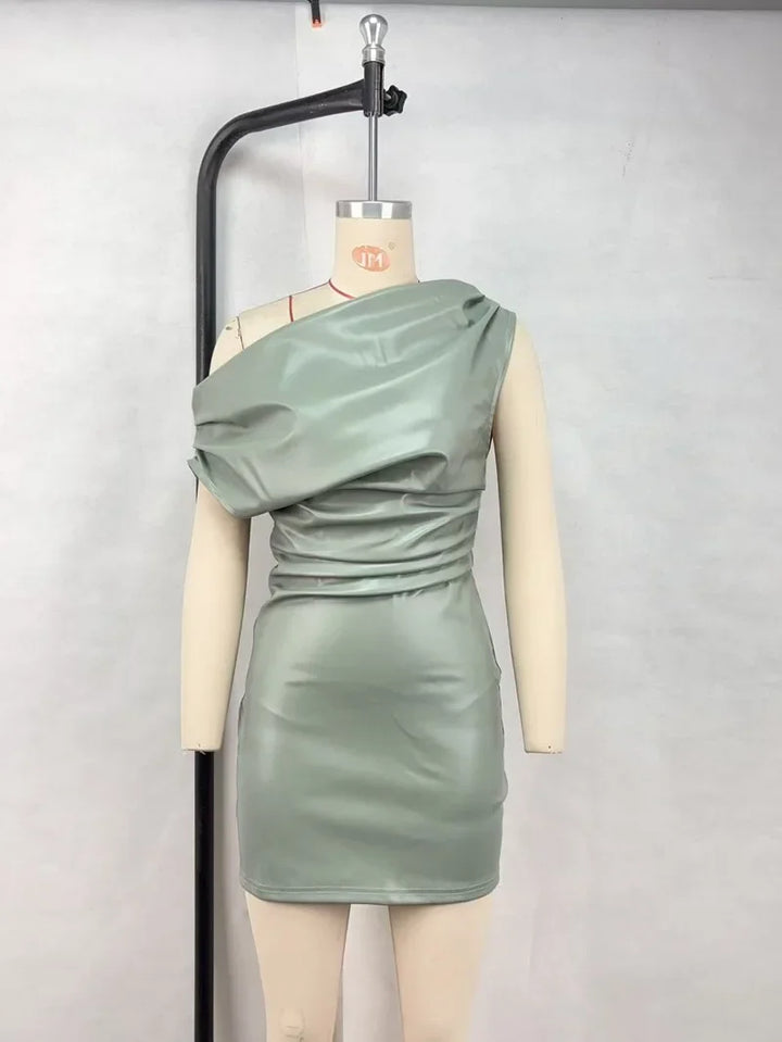 Elegant Sexy PU Leather Bodycon Mini Dress Ruched