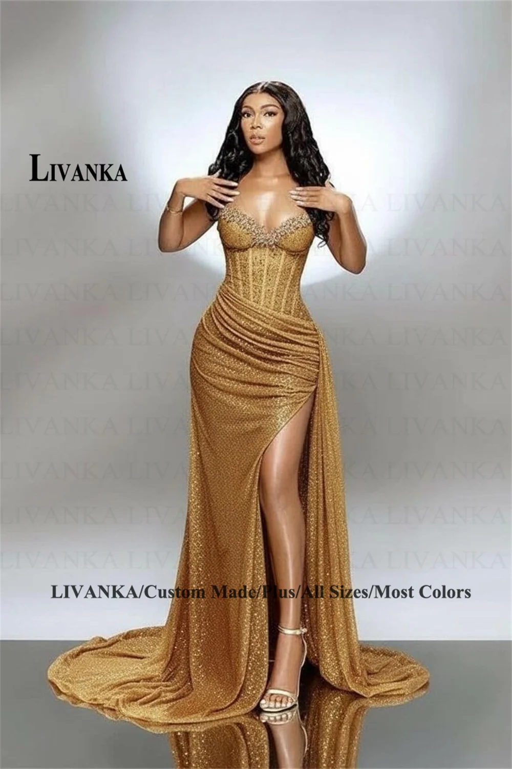 Livanka Sweetheart Mermaid Evening Dress Side Split High Waist Prom Gown With Beading