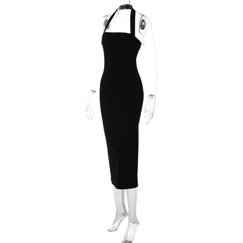 Hugcitar 2025 Elegant Halter Black Backless Sexy Bodycon Maxi Prom Dress Summer Women Y2K Clothes Wedding Birthday Party
