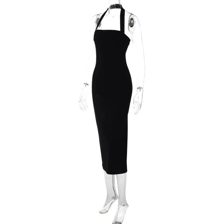 Hugcitar 2025 Elegant Halter Black Backless Sexy Bodycon Maxi Prom Dress Summer Women Y2K Clothes Wedding Birthday Party