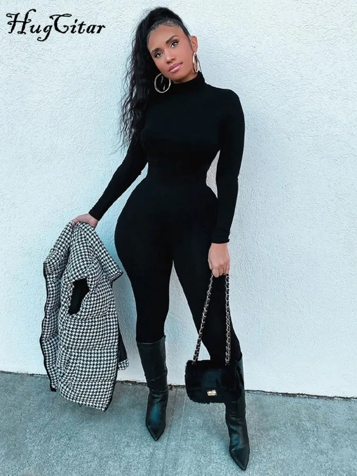 Hugcitar Long Sleeve Turtleneck Bodycon Jumpsuit