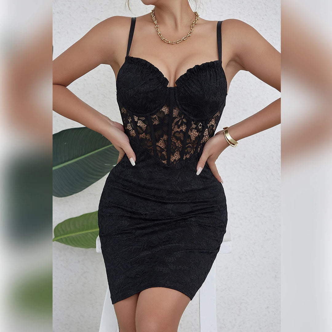 Black Y2K Floral Lace Mesh Backless Dress