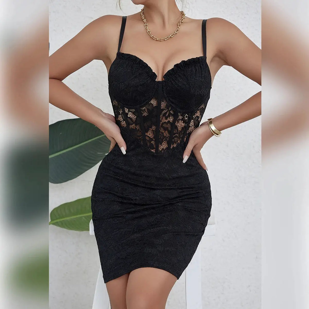 Black Sleeveless Backless 2024 Y2k Skirt Crop Floral Lace Sexy Hollowing Mesh See Through V-Neck Bodycon Hotsweet Party Dress
