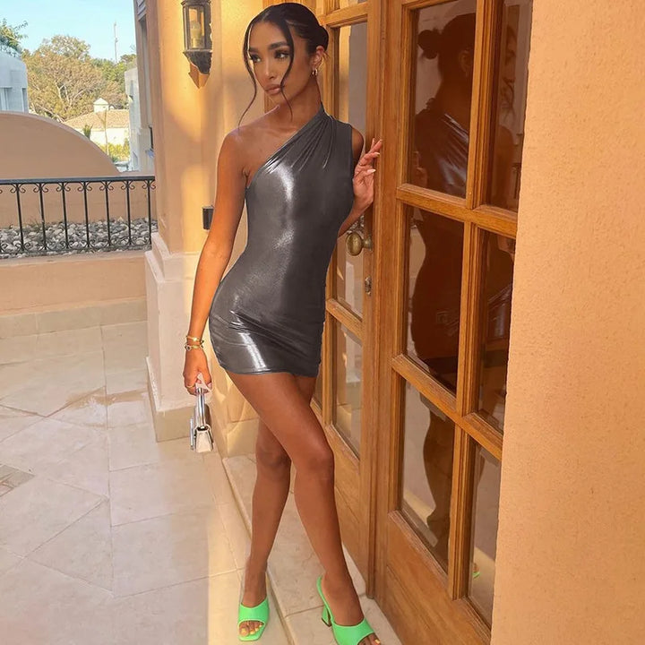 Luxury Metallic One Shoulder Mini Dress