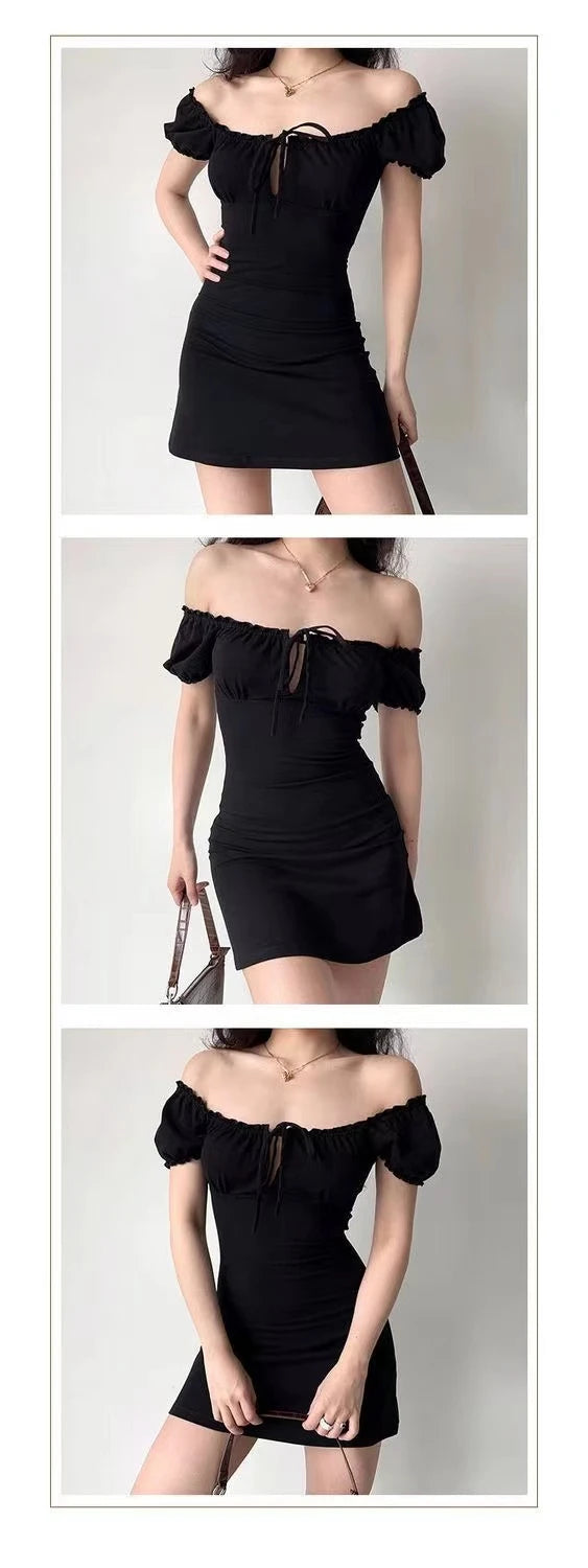 Chic Black Square Collar Mini Dress With Puff