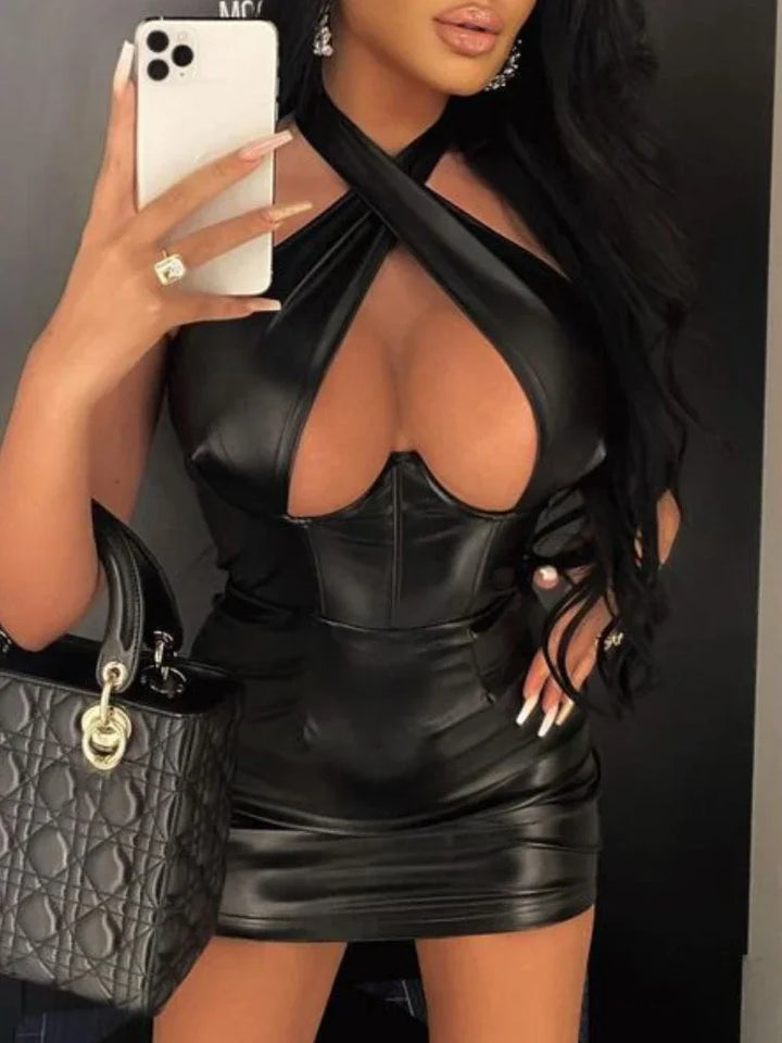 Off Shoulder Imitation Leather Bodycon Dress Women