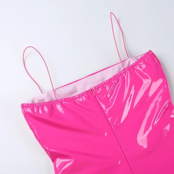 2026 New Arrival Sexy Pink Pu Leather Dress Women Spring Summer Strapless Spaghetti Strap Fashion Club Wear Bodycon Mini Dresses