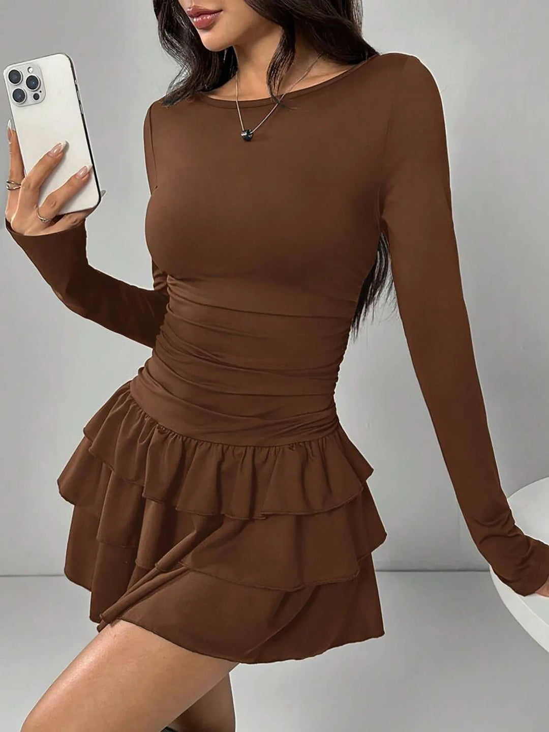 Elegant Tiered Ruffle Midi Dress High Waist Slim