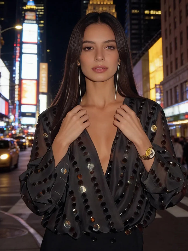 V Neck Layered Sequin Jumpsuit Women Partywear