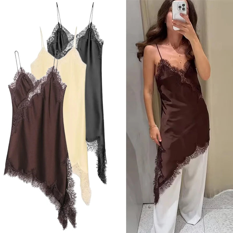 Satin Sexy Lace Spliced Short Sling Dress Women Sleeveless Backless Asymmetric Sexy Party Dresses 2026 Summer Lady Dress ﻿