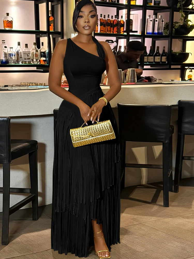Luxury Red One Shoulder Fringe Maxi Dress For Girls