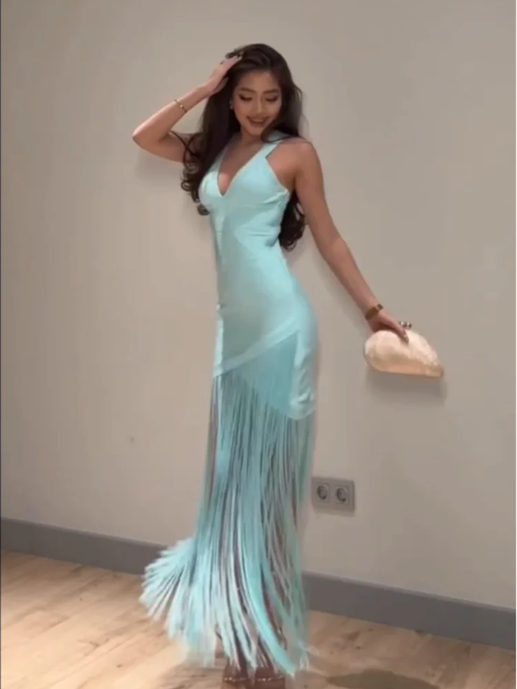 Elegant V-neck Wide Strap Maxi Dress With Chic Tassel Details