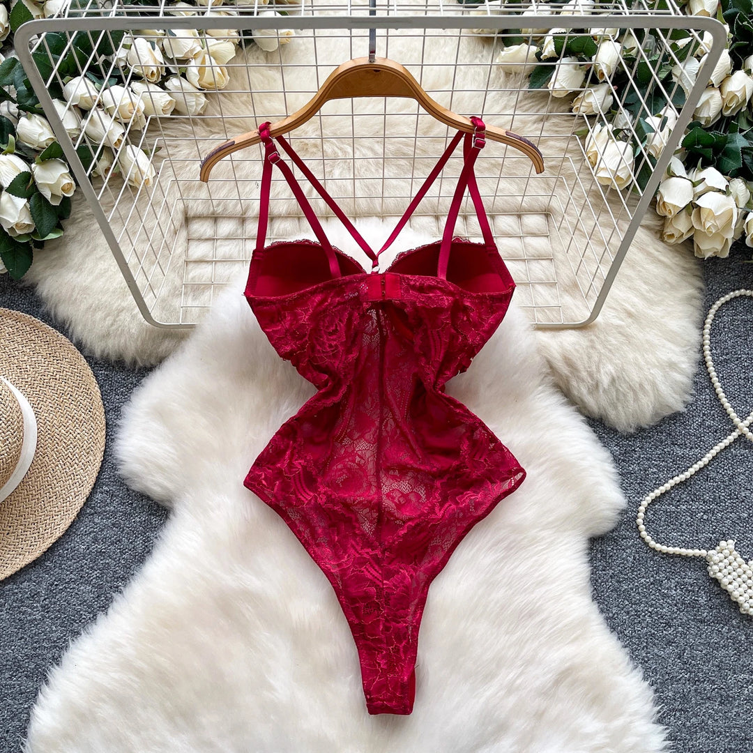 Chic Gothic Lace Halter Bodysuit Slim Fit Elastic Jumpsuit