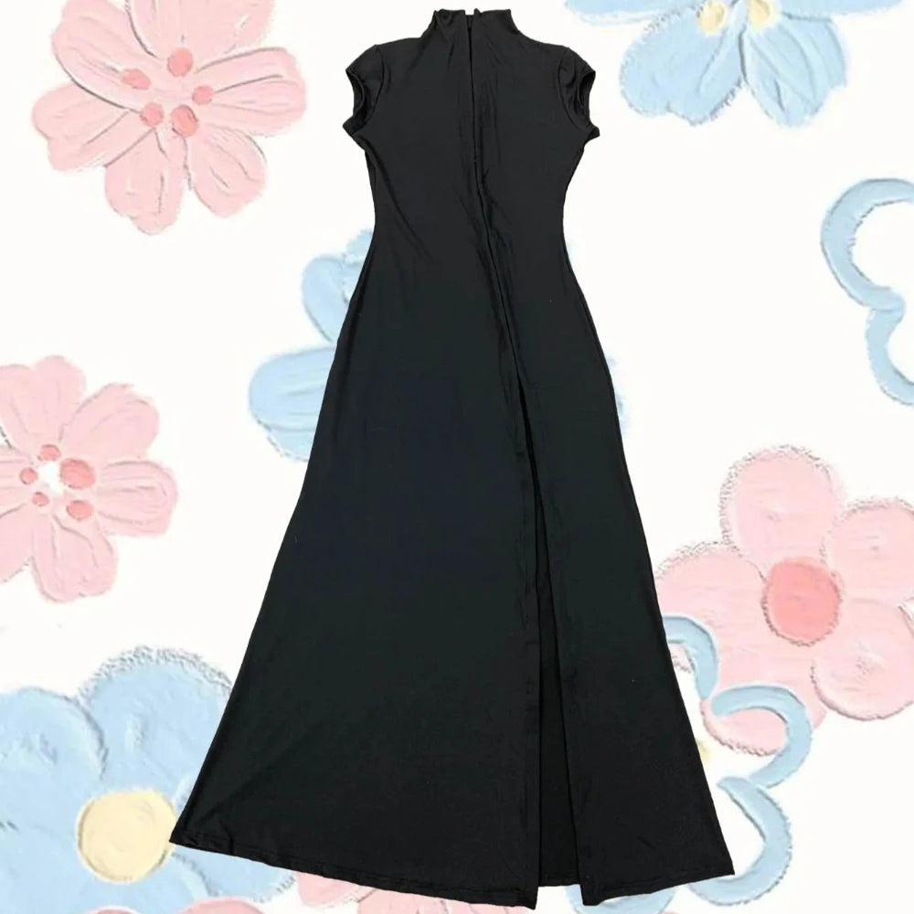 Black High Slit Dress Zipper Half Turtleneck Slim Hip Wrapped