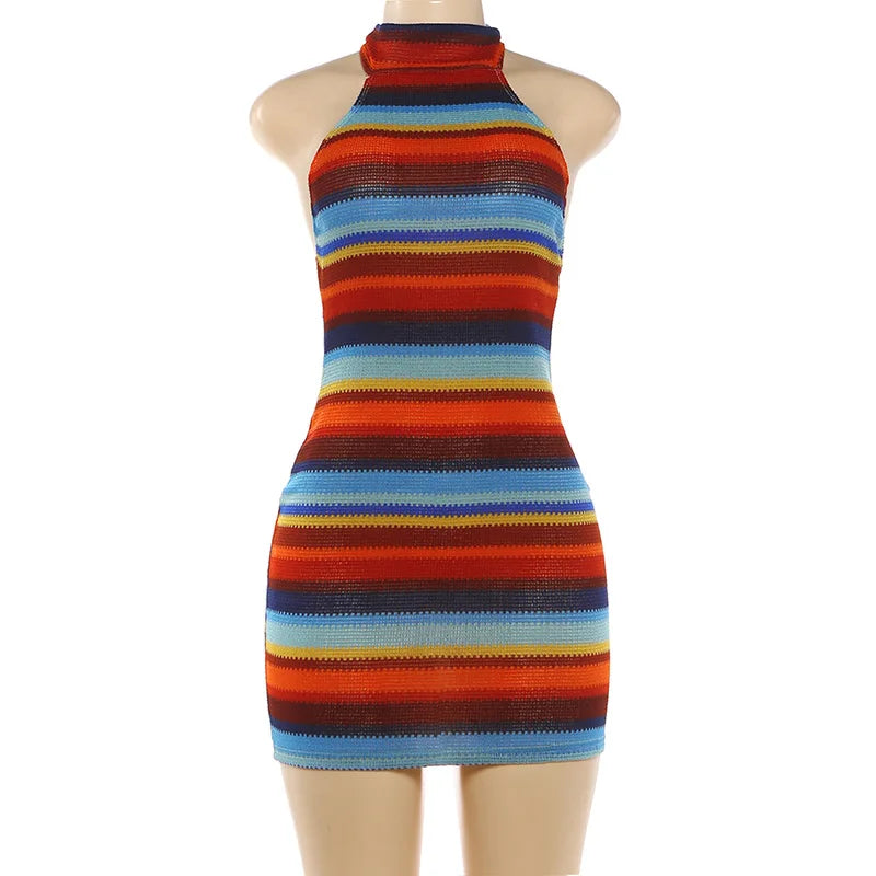 Luxurious Knit Stretch Stripe Halter Dress