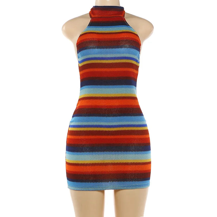 Luxurious Knit Stretch Stripe Halter Dress
