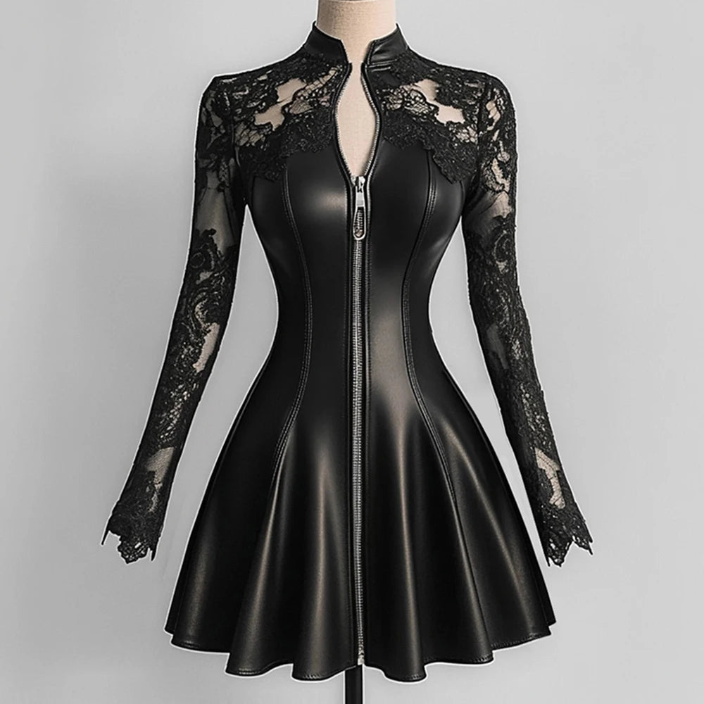 Women PU Leather Dress Lace Patchwork Mesh Zipper