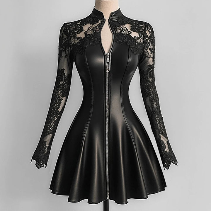 Women PU Leather Dress Lace Patchwork Mesh Zipper