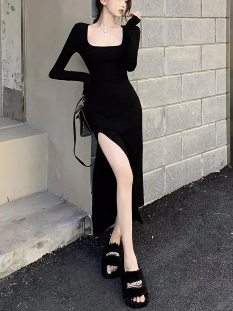 Women Black Side Slit Bodycon Dress Modern