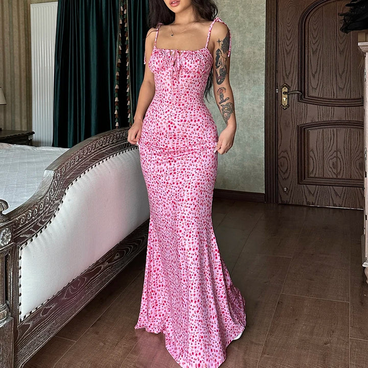 Floral Sleeveless Backless Lace Up Bodycon Maxi