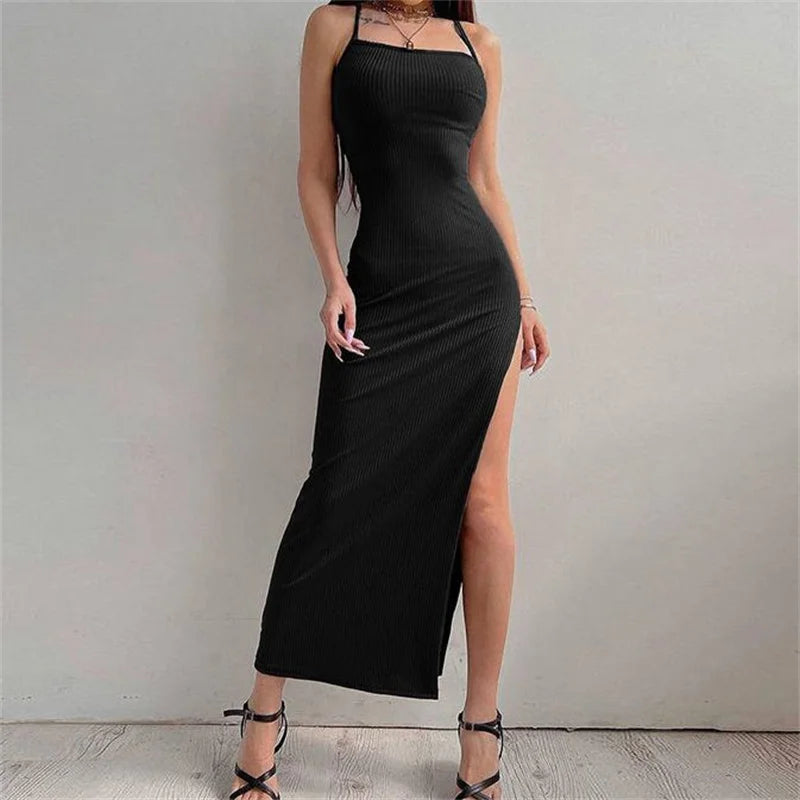 Elegant Black Sleeveless Maxi Dress Halter Neck